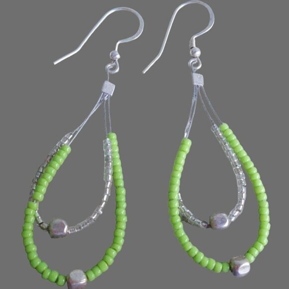 925 Sterling Silver Green & Clear Seed Bead Layered Wire Earrings Dangle Hooks - Picture 3 of 4